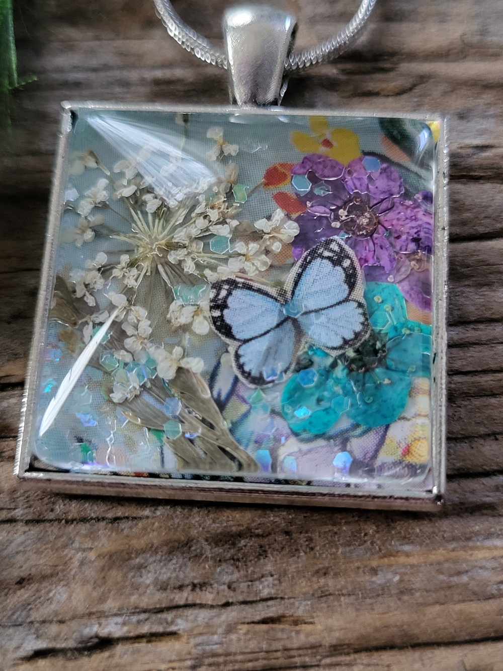 Handcrafted Butterfly Floral Necklace in Blue and Purple
